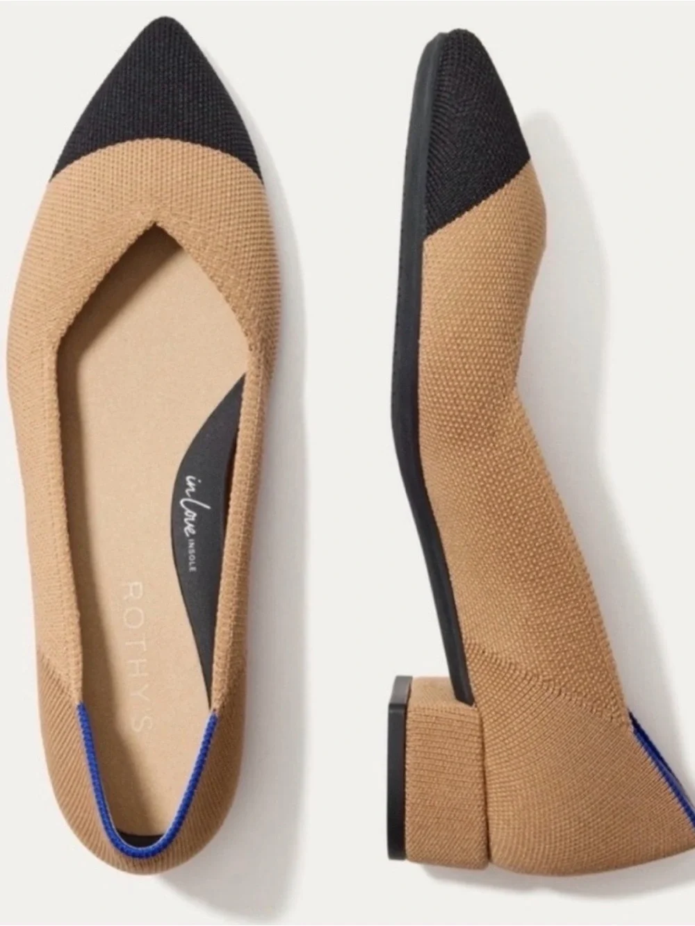 Rothy's Camel Knit Pointed Toe Flats with Black Cap